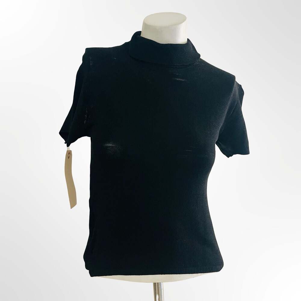 Black Short Sleeve Mock Neck Ribbed Knit Top